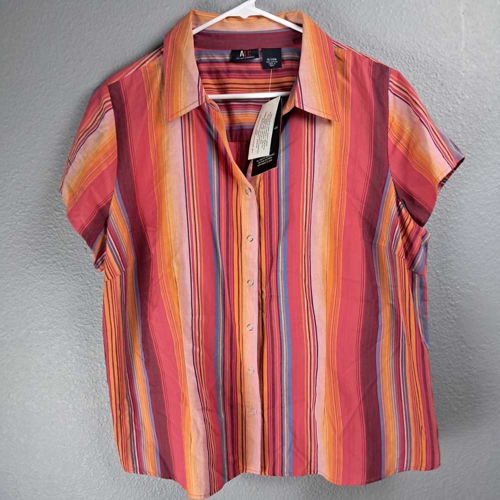 ALC Women's Striped Button-Up Top 18/20W Short Sleeve Cotton Casual Blouse NWT